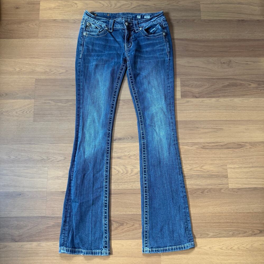 Women's Y2k Miss Me Signature Boot Cut Embellished Denim Blue Jeans Sz 27 x 33